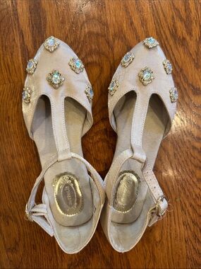 Joyfolie Champagne T-Strap Flats with Crystal Accents